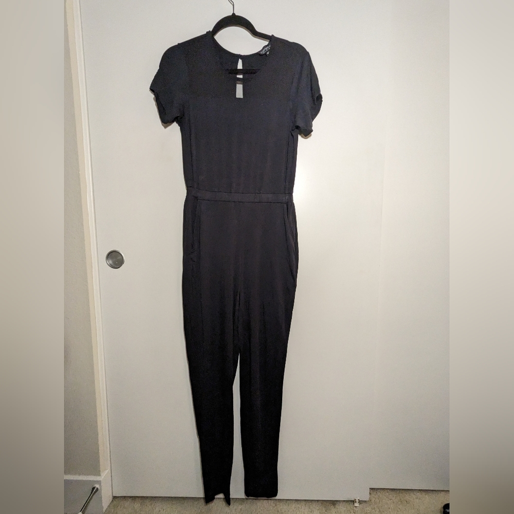 Topshop black jumpsuit with sheer shoulder (us 6)